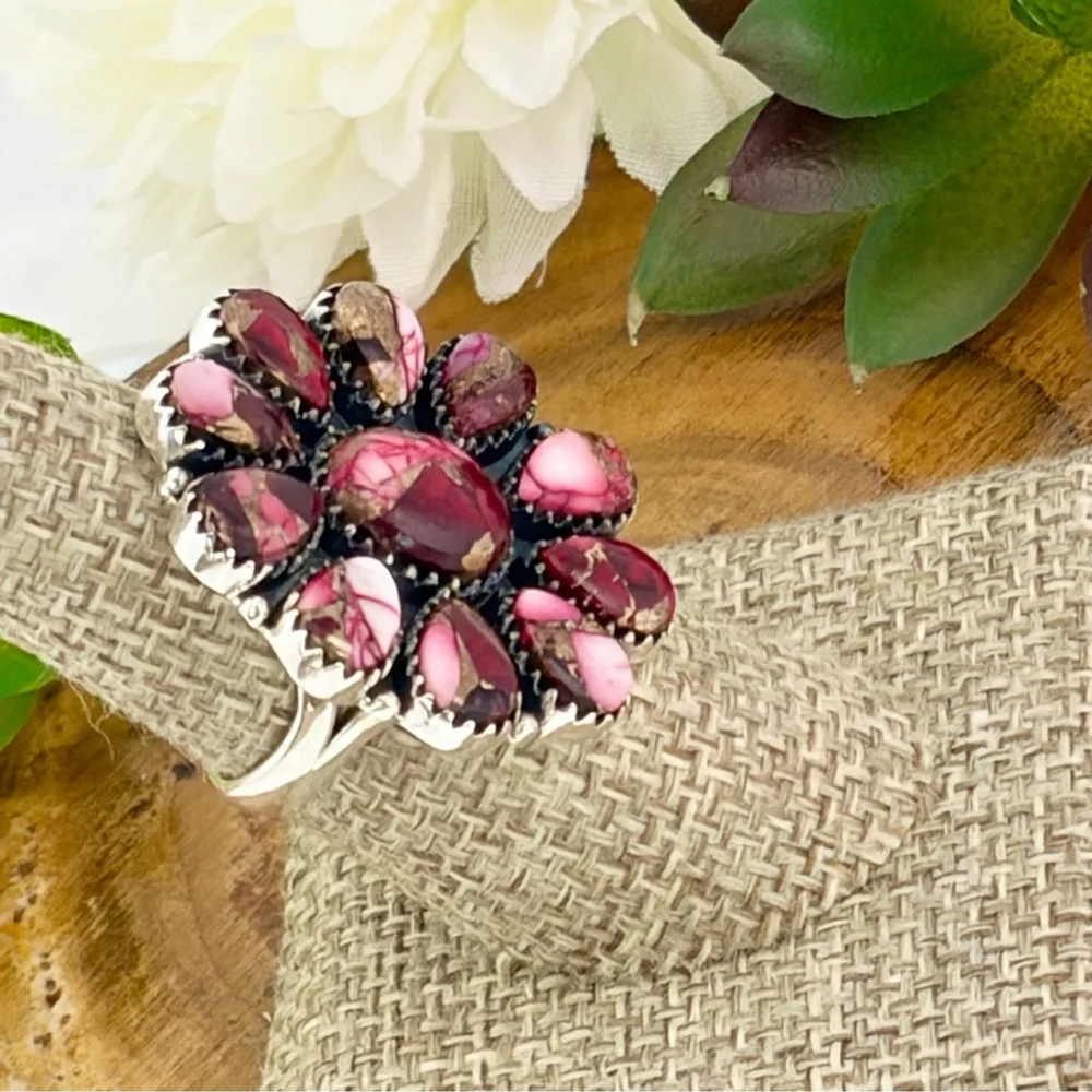 Pure Sterling Silver 925 Red Dahlia Turquoise Cluster Ring Size 7 Navajo Style - Picture 7 of 12
